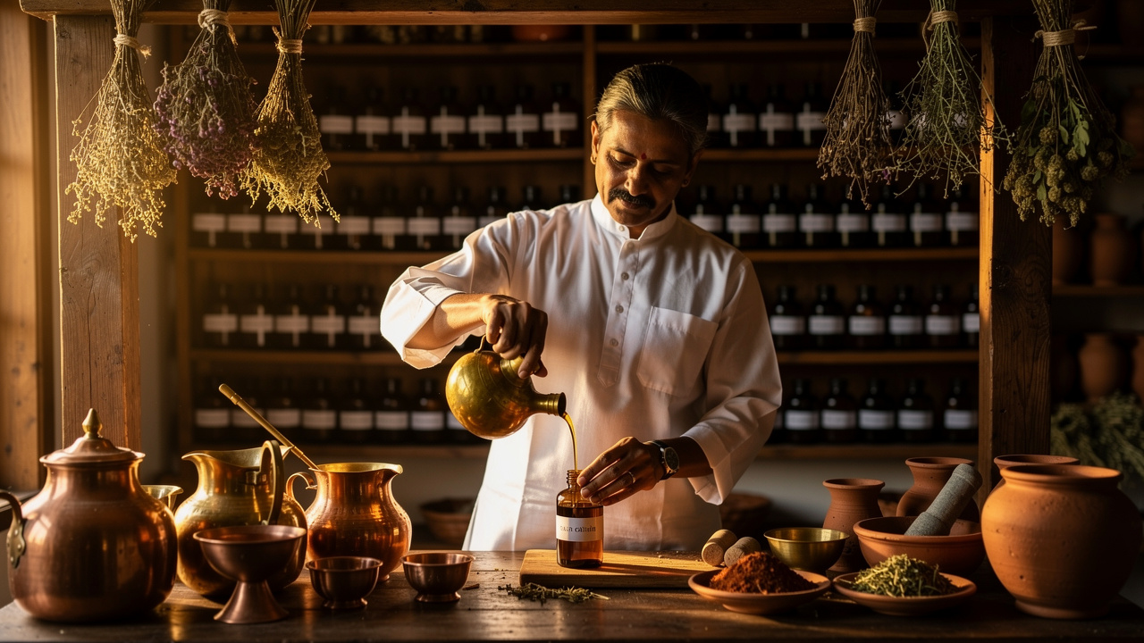 Ayurvedic practitioner preparing herbal oil formulation in workshop