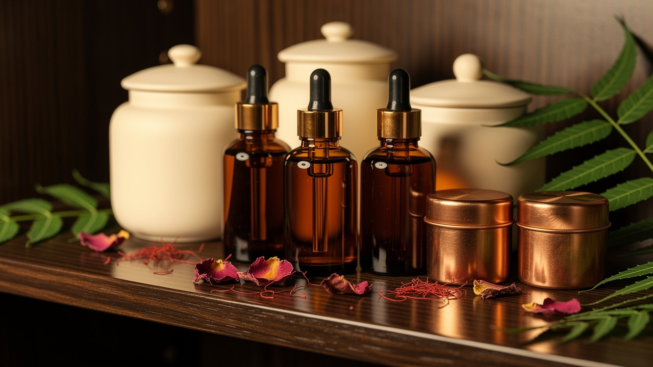 Premium Ayurvedic herbal product bottles on wooden shelf