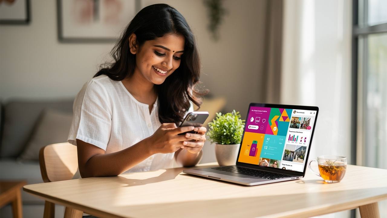 Woman researching Ayurvedic clinic on smartphone at home