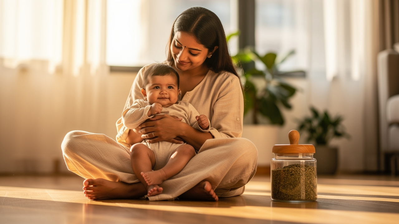 Indian mother using natural Ayurvedic baby powder on infant